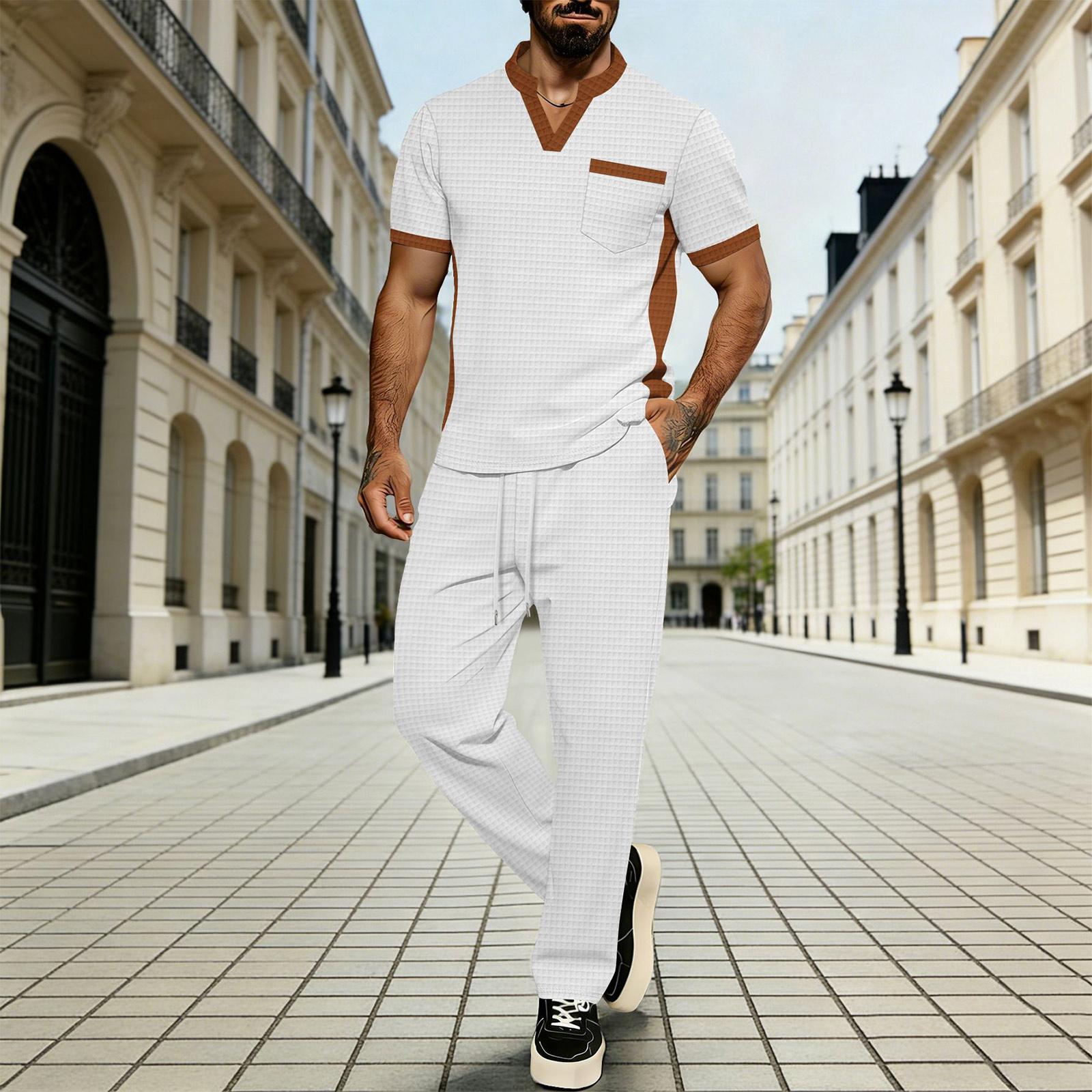 

Men s V-neck Tie Pocket Short Sleeved T-shirt And Trousers Outdoor Casual Two Piece Set XL білий