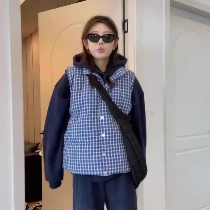 

Женский синий клетчатый стеганый хлопковый жилет без рукавов со стойкой на осень/зиму M