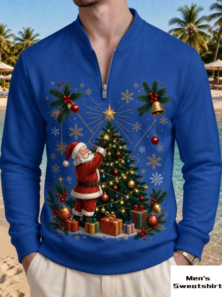 Christmas Santa Claus Print Quarter-zip Long Sleeved Round Neck Sweatshirt Men's Clothing Modern Casual Pullover Trendy Festive Versatile Style