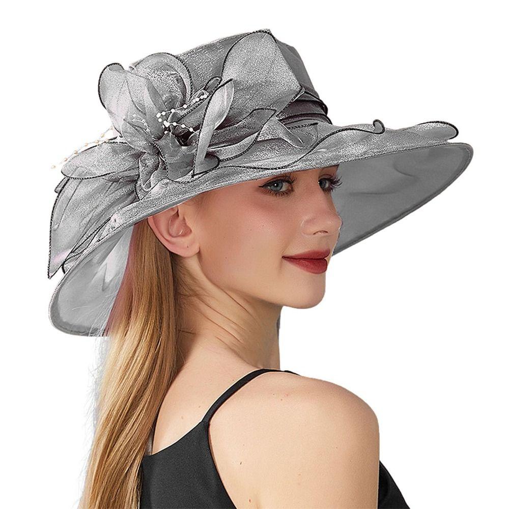 Organza Women Derby Hat Wide Brim Bridal Tea Party Wedding Hat Elegant Summer Ruffles Sun Hat