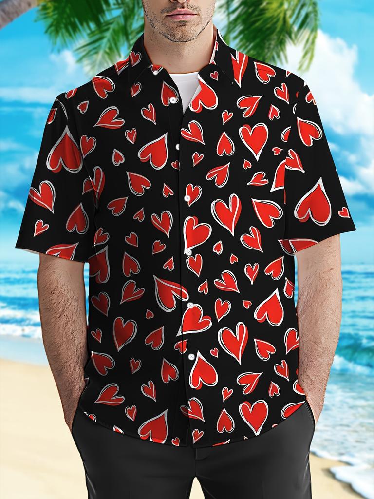New Men'S Hawaiian Shirt, Heart Pattern Fashionable And Individual, Casual Loose Fit, Romantic Valentine'S Day Confession Gift