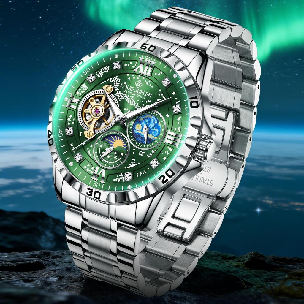 Luxury Automatic Mechanical Men Watch Fashion Moon Phase Business Watches Hollow Tourbillon Stainless Steel Men Wristwatch