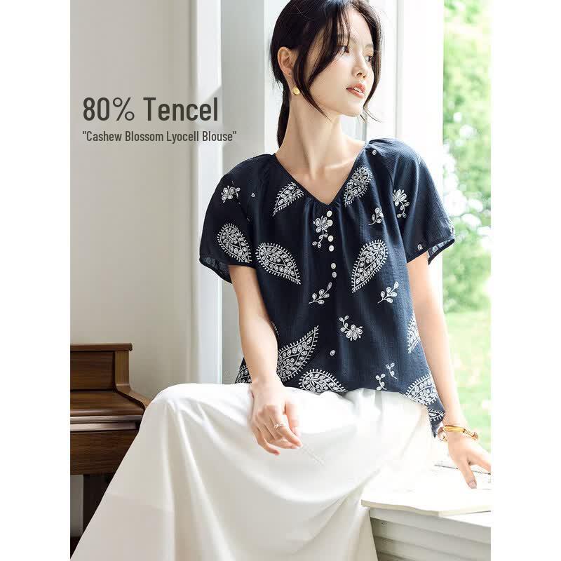 XWI Women s Lyocell Printed Puff Sleeve Blouse L