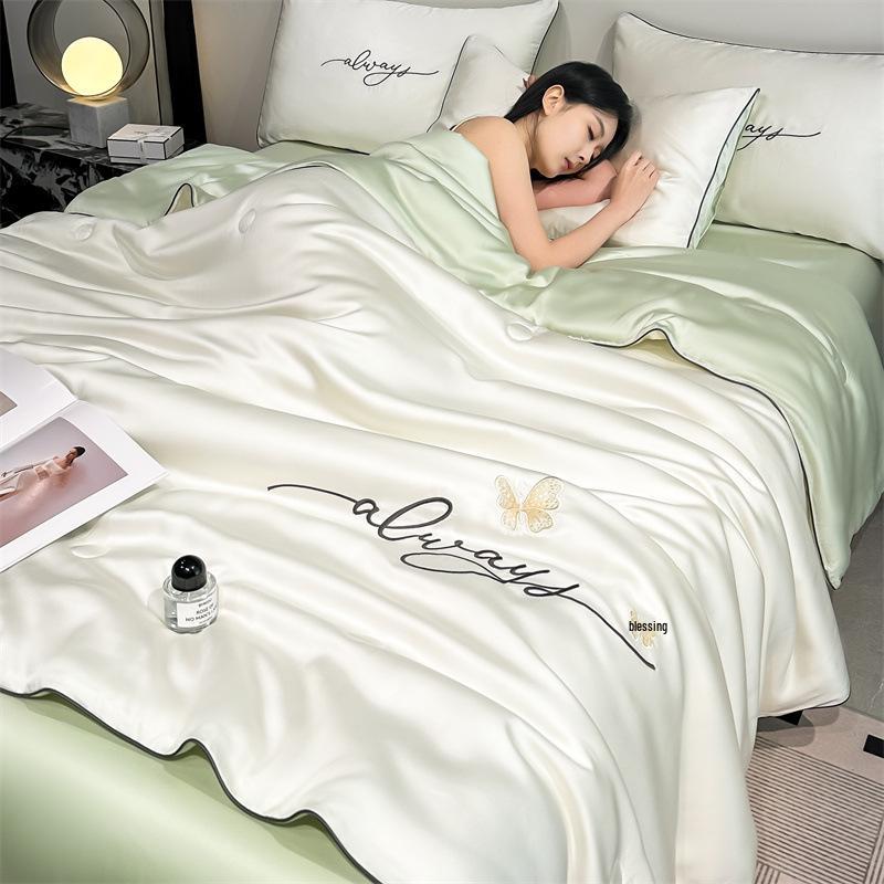 Class A Ice Silk Summer Quilt Set - Cooling, Water Washable, Embroidered, Air Conditioning Friendly, Thin Quilt for Naked Sleep