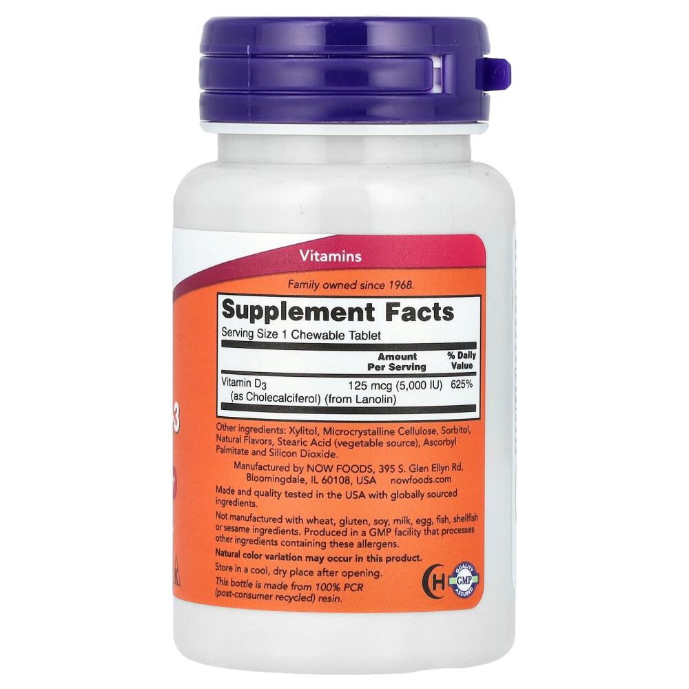 Now Foods Kauvitamin D-3, Minze, 5000 IE, 120 Tabletten