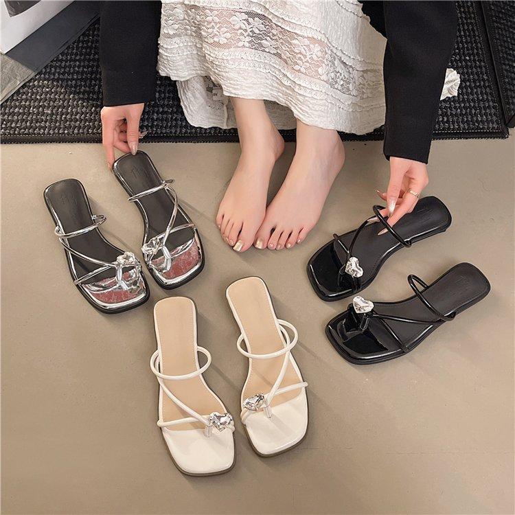 French Evening Breeze Cool Slippers Summer Outer Wear Women's Shoes New Year Silver Square Head with Skirt Thick Heel Sandals