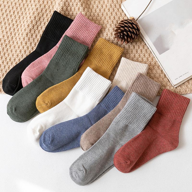 1 Pair Women Socks Autumn Winter Pure Cotton Solid-color Mid-tube Warm Long Socks