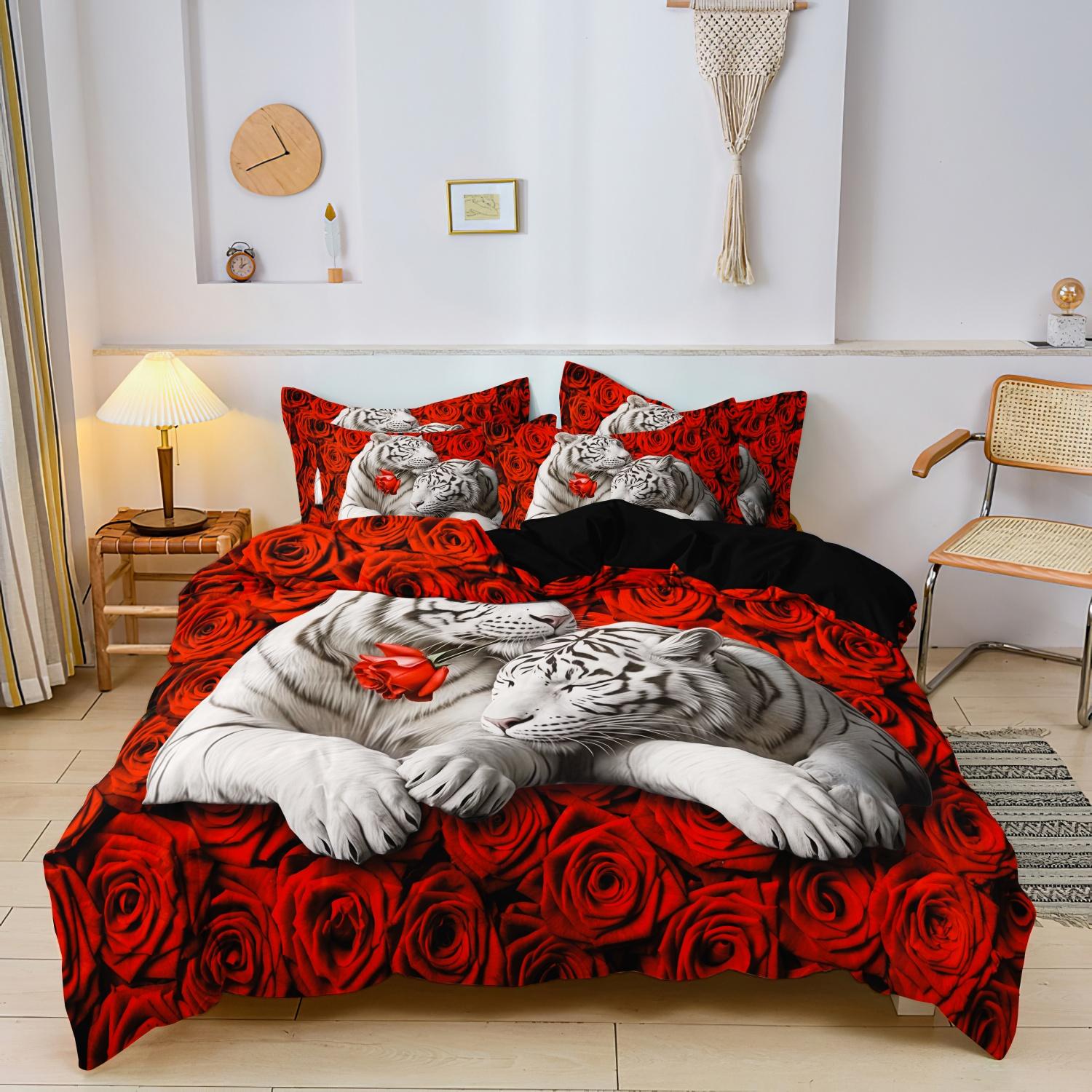 

3pcs Valentine S Day Romantic Red Rose Duvet Cover Sets Elephant Animal Bedding Sets Butterfly Duvet Cover Bedroom Decor AU Single-140x210cm&set