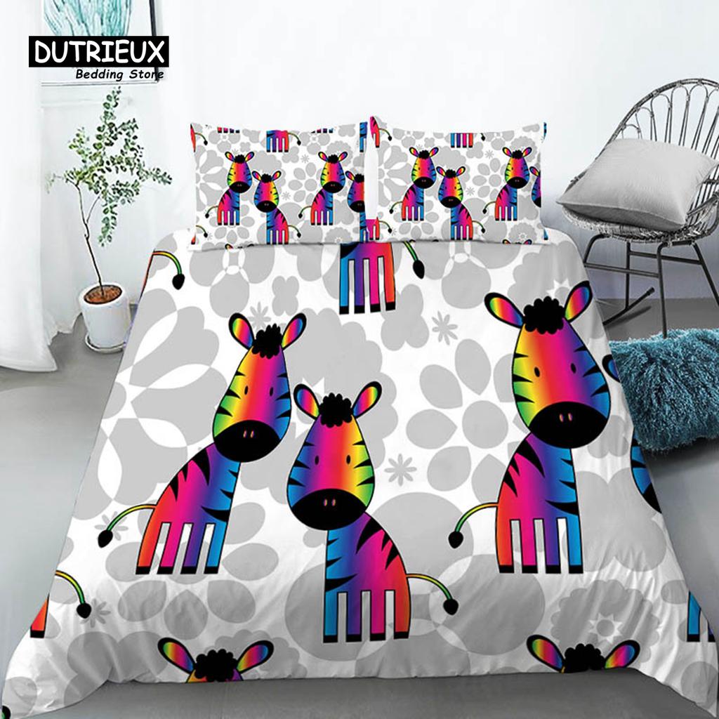 Bettwäscheset für Kleinkinder mit Cartoon-Tieren, Doppelbettgröße, für Kinder, Mädchen, Jungen, Zimmerdekoration, Vögel, Löwen, Fische, Druck, Bettbezug mit Kissenbezügen