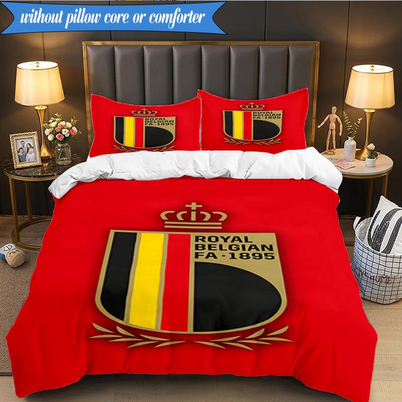 3PCS Belgium Football Crest Emblem Bedding Set 2D Printing (Includes 1 Duvet Cover + 2 Pillowcases Coreless), Bedroom decor,Fan gift