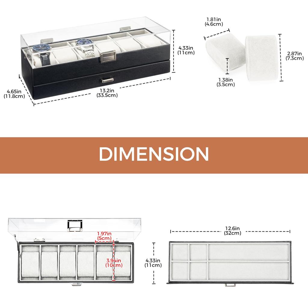 ProCase Montre Peut contenir 6 ou 10 Montre Vitrine avec Couvercle en Acrylique Transparent et Organisateur pour Montres Étui pour Homme, Montres, Tiroir à 2 Niveaux, Homme