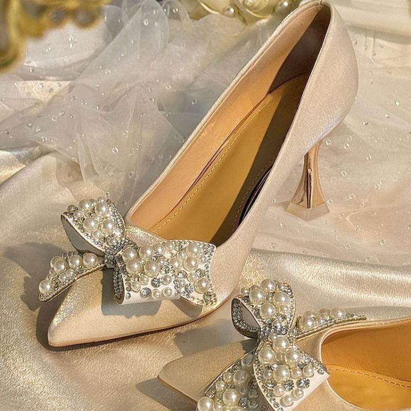 Fashion Pearl Rhinestone Bow Stiletto Single Shoes Autumn New Pointed Toe Shallow Mouth Slip-on Non-Slip Wear-Resistant High Heels