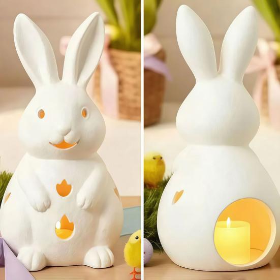 Easter Rabbit Candle Holder White Hollow-Out Bunny Tealight Holder Resin Rabbit Sculpture Candlestick Ornament with LED Candle for Home Mantel