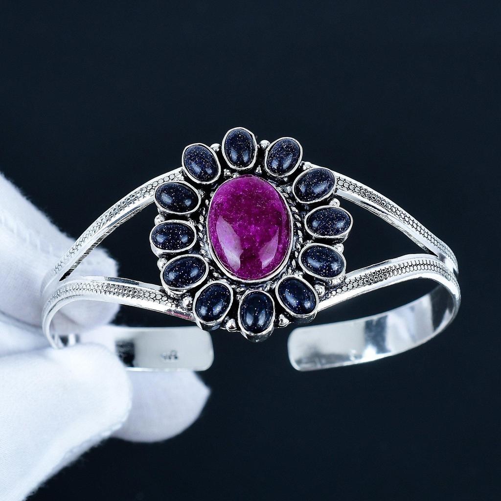 Red Ruby Gemstone Handmade Cuff Bangle 925 Sterling Silver Cuff Bangle, Blue Sunstone Flower Shape Bracelet For Wife, Unisex Bangle, Gift