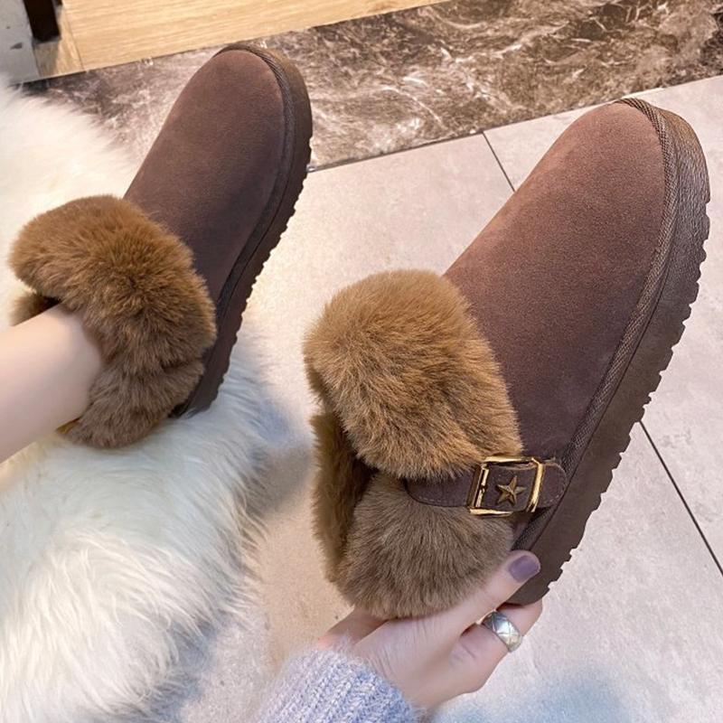 Fashion Buckle Decor Faux Fur Snow Boots Women Winter Warm Thicken Plush Ankle Boots Woman Thick Sole Anti Slip Platform Cotton Boots
