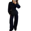 Cross-border European and American Women's Clothing  Amazon Crew Neck Long-sleeved Waist Top Sports Wide-leg Pants Casual Suit