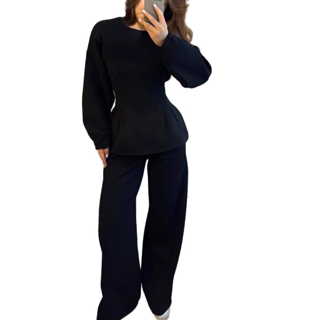 Cross-border European and American Women's Clothing Amazon Crew Neck Long-sleeved Waist Top Sports Wide-leg Pants Casual Suit