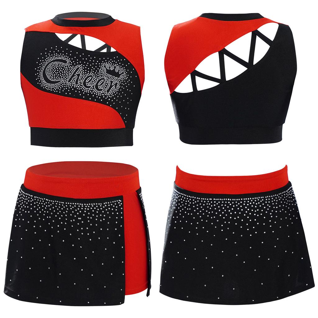 Kids Girls Cheerleading Dance Outfit Set Sleeveless Rhinestone Crop Top & High Slit Skirt for Cheer Competition, Stage Performance, Party Costume