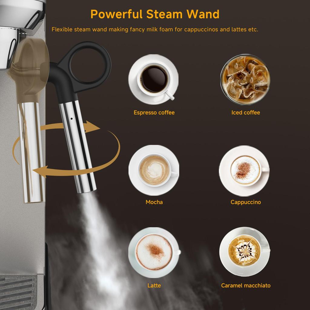 Biolomix 7008 Stainless Steel Espresso Coffee Machine,20Bar Pressure,1450W,Pressure Gauge,Milk Frother Steam Wand,Tank for Home Latte Cappuccino