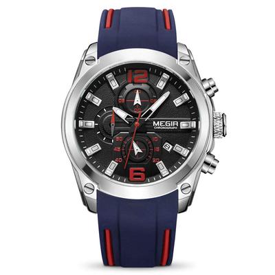 MEGIR Analoger Sport-Chronograph Leuchtende Quarz-Uhr mit Modischem Silikon-Quarz-Herrenarmband, Blau, Chronograph, Uhrwerk.