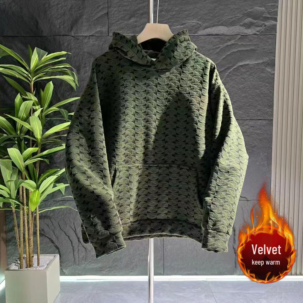

Men s Extra Large Plaid Knitted Hoodie - Thickened High-Grade Velvet Lining for Autumn/Winter 3XL 80-90 kg