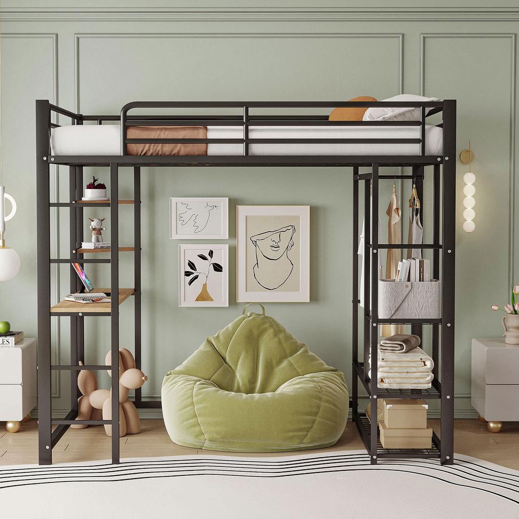 Hochbett mit Leiter 90*200cm, Einzelbett Kinderbett mit Tisch mit einfacher Aufhängung mit Staufächern, Schwarz