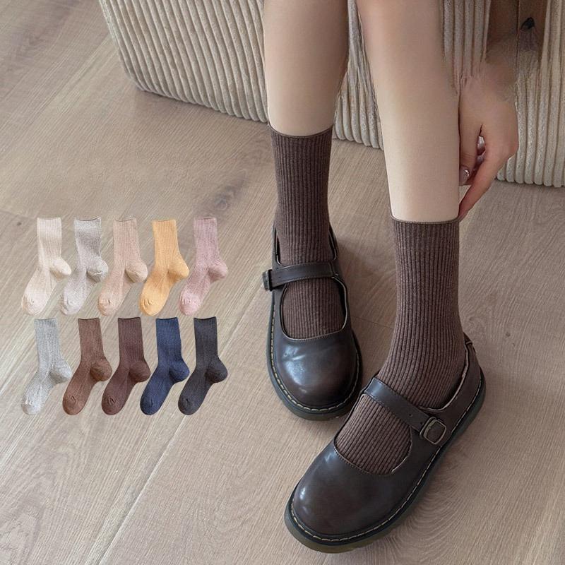 Women's Mid-calf Socks, Spring and Autumn Cotton Socks, Long Socks, Solid Color, Versatile Autumn Boneless Pile Socks