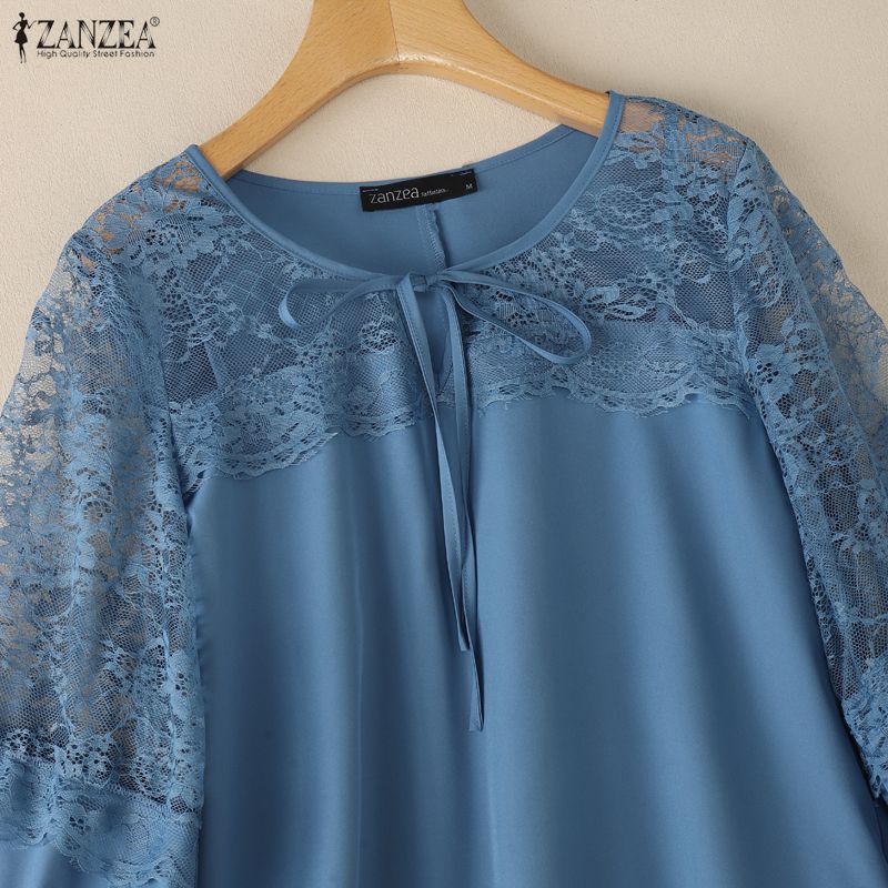 ZANZEA Blusa casual da donna con scollo rotondo, manica a metà, patchwork in pizzo traforato