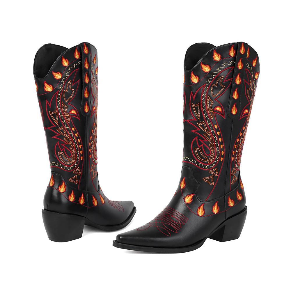 Krazing Po Polyurethane Winter Pointed Toe Western Boots Size 43 Sewing Embroidery Thick Heels Mid-calf Boots