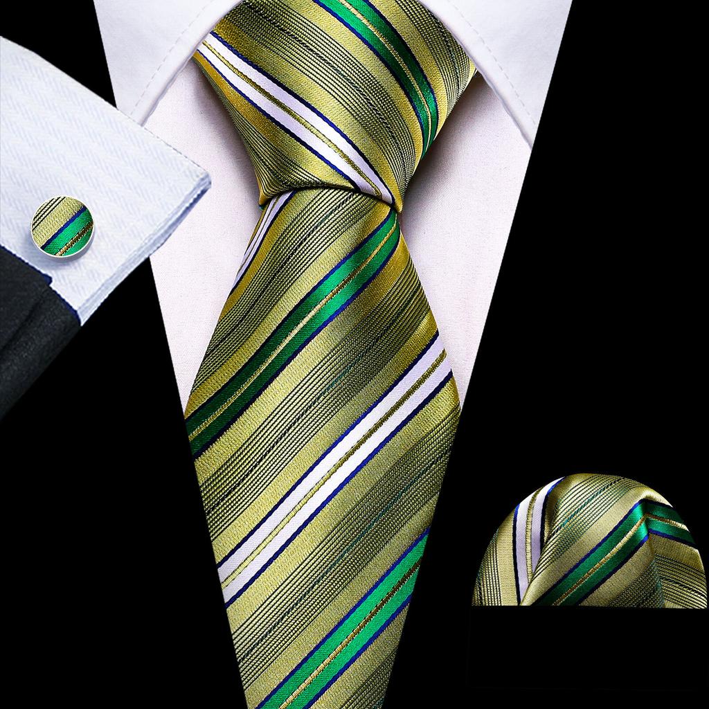 Barry.Wang Mens Striped Silk Tie Handkerchief Cufflinks Formal Necktie Set Designer