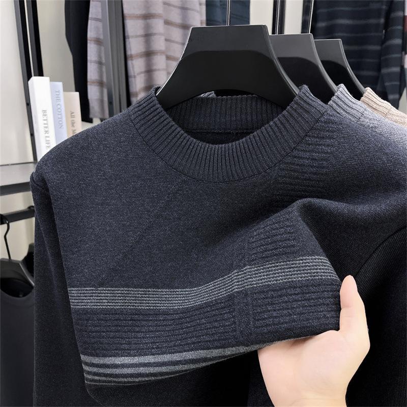 Men's Autumn Winter New Style Warm Knitwear Fake Two Piece Casual Versatile Fleece Lined Thickened Sweater Top