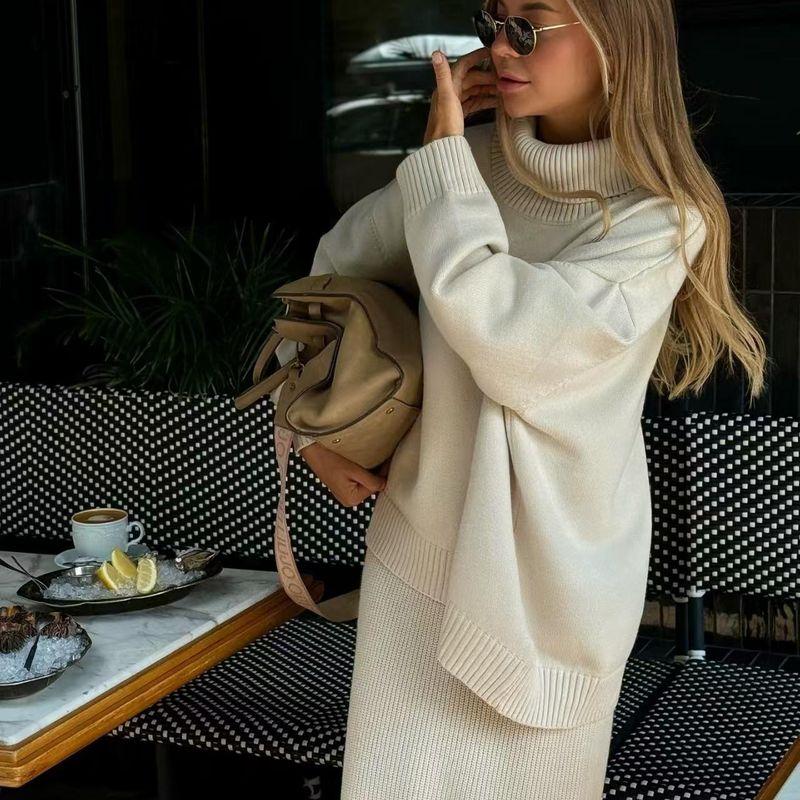 Fashion Wind High Collar Loose Sweater Skirt Two-Piece Suit Knitted Sweater and Skirt Set