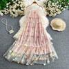 Summer Romantic 3D Flower Appliques Halter Neck A-line Long Dress for Women Behomian Strapless Sleeveless Loose Tulle Ruffle Midi Dress