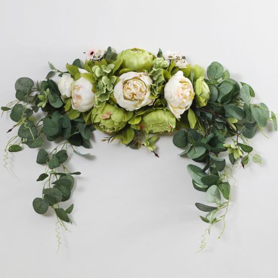 Artificial Peony Flower Swag with Green Leaves Wedding Party Arch Flower Welcome Sign Decorative Floral Swag Door Lintel Wall Window Decor