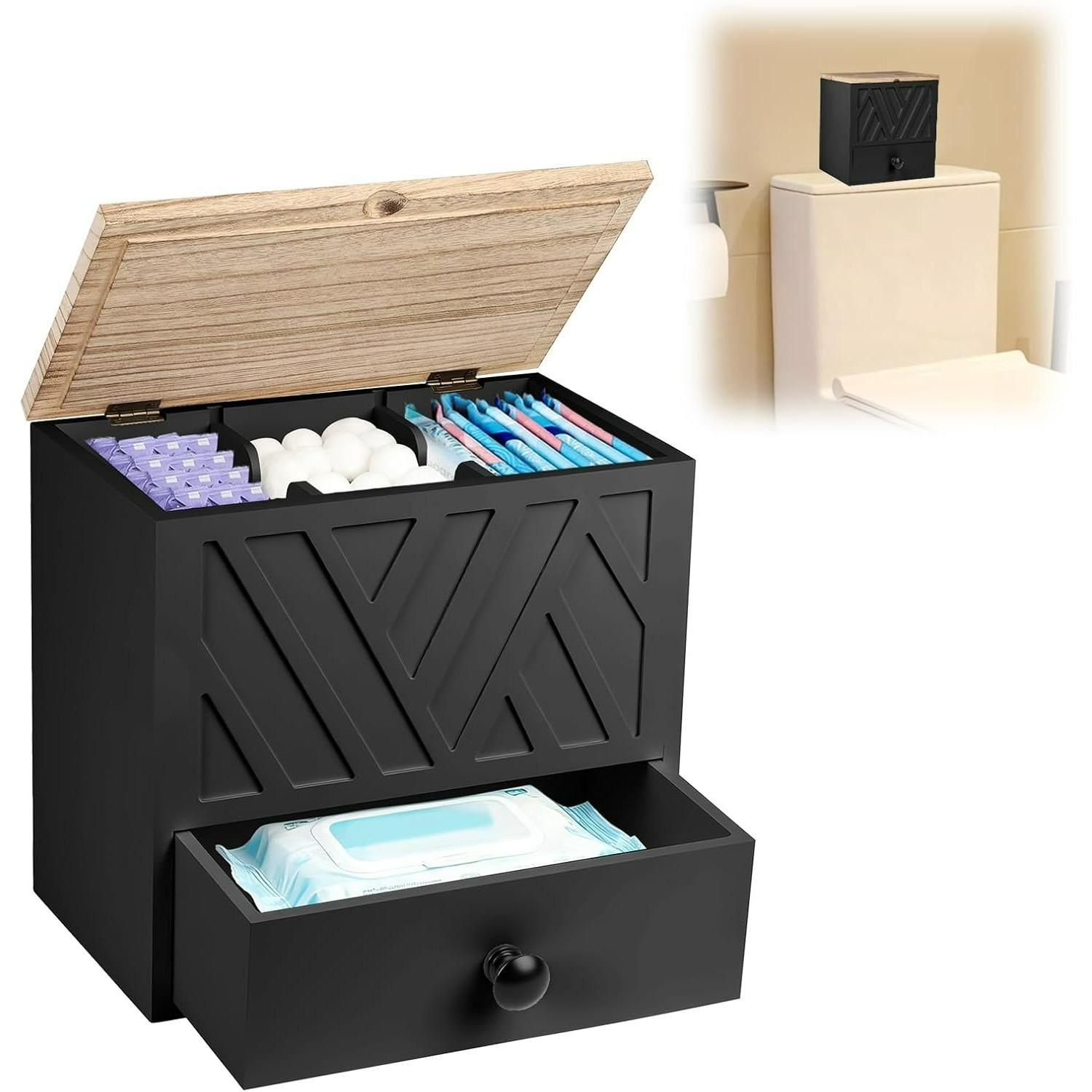 Tampon Holder for Bathroom,Feminine Product Organizer with Drawer and Lid,Versatile Tampon Sanitary Pad Storage Box Period Organizer for Pads,Tampons чёрный