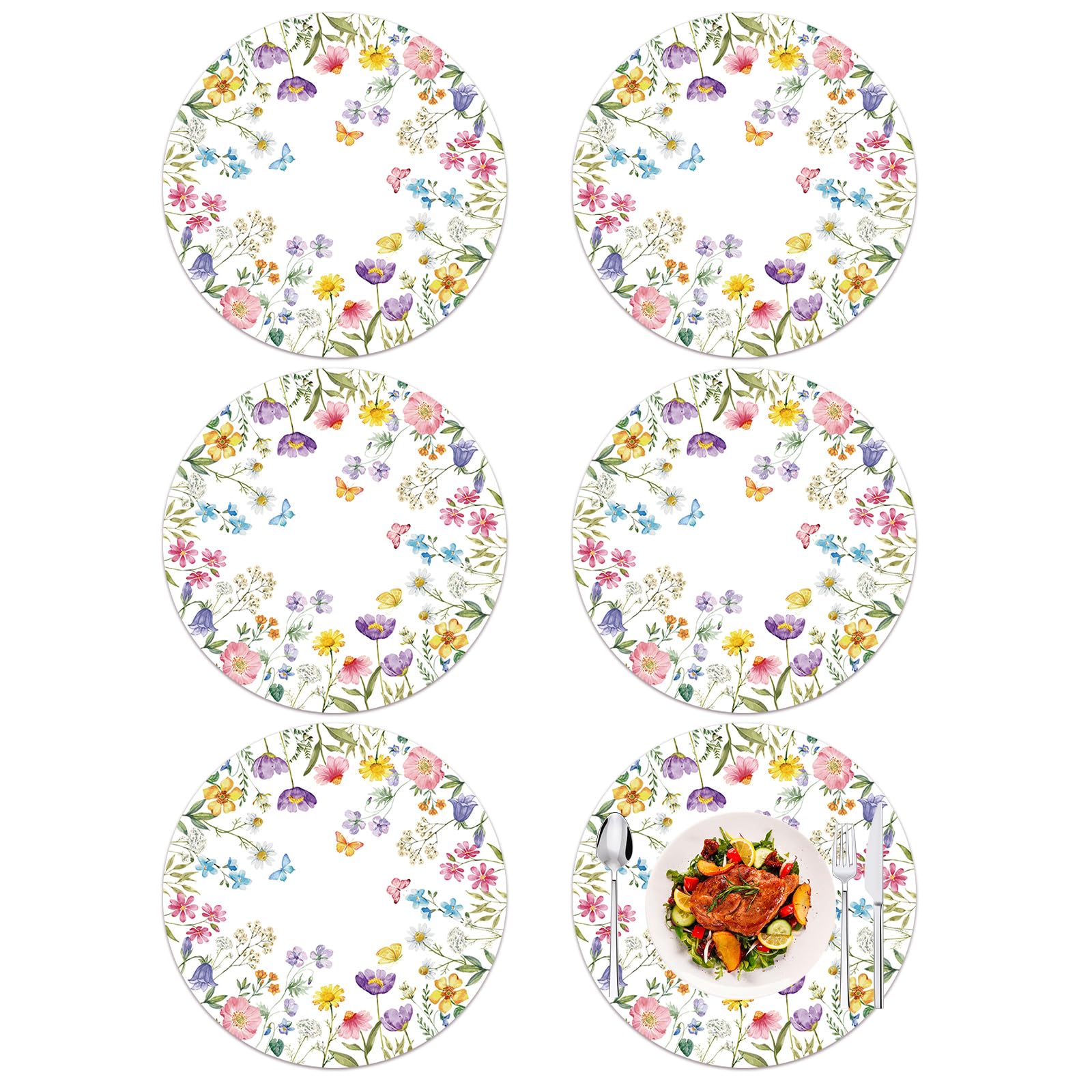 Tarklanda Blue White Floral Round Placemats Set of 6 Chinoiserie Plastic Place Mats 13.4 Inch Washable Flower Vinyl Table Mats 6PCS