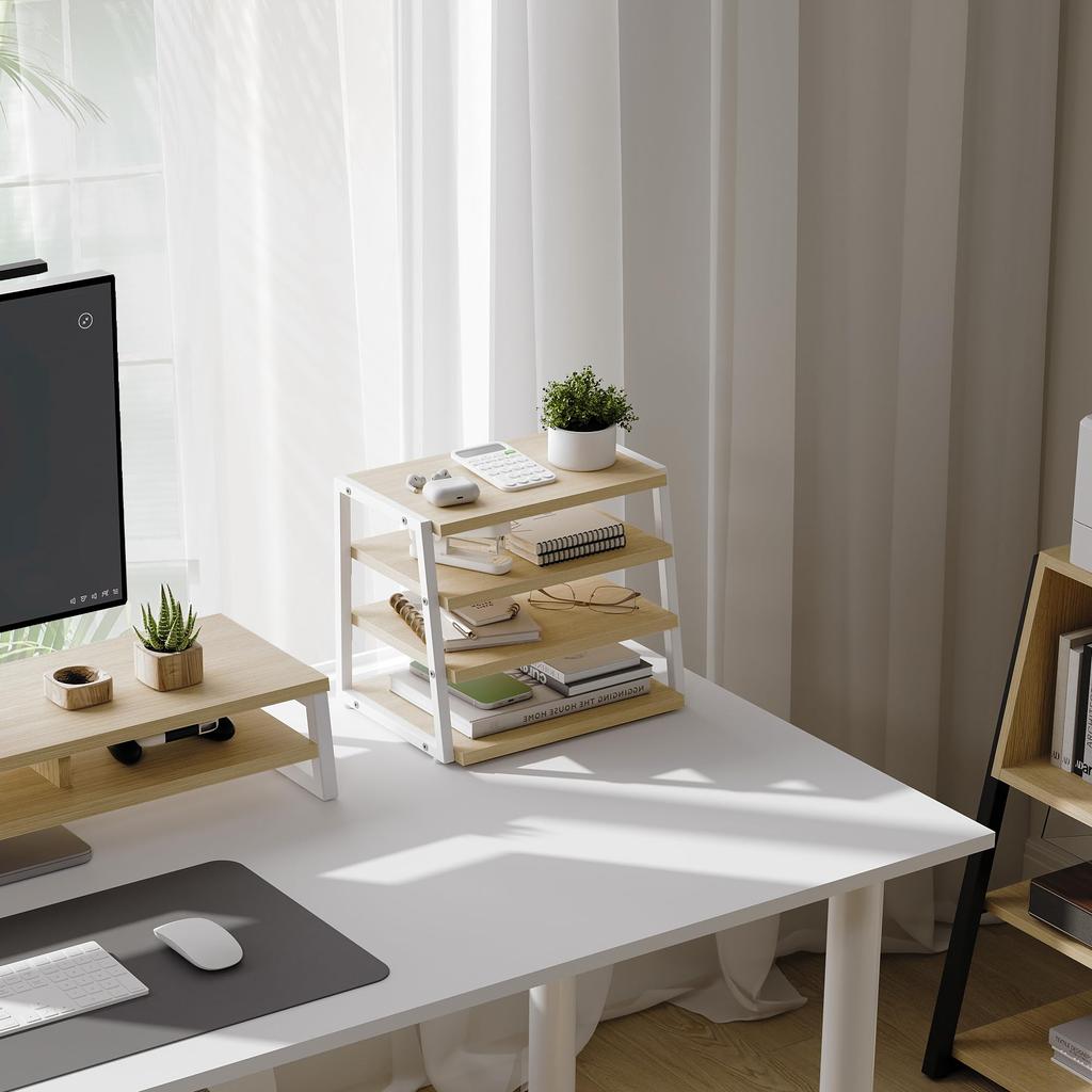Fenge Desktop Storage Shelf, Desk Organizer, 4-Tier, Large Capacity Office Storage Rack, 37.2cm Wide X 26.7cm Deep X 30.7cm High, Oak & White,