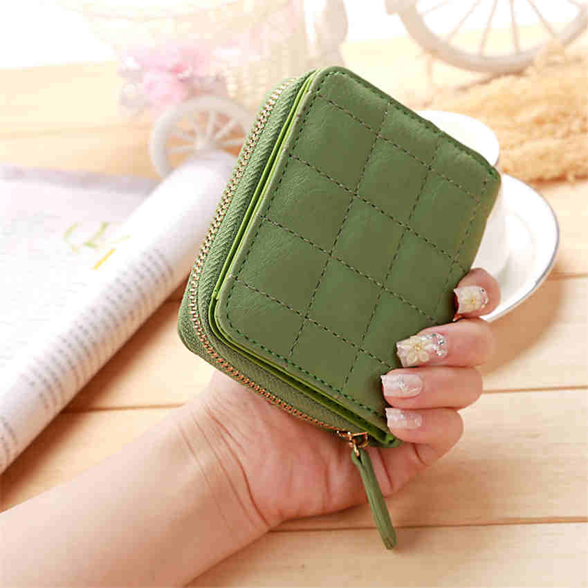 

Females Short Wallets PU Leather Plaid Purses Card Holder Wallet Zipper Wallet Coin Purse зелений