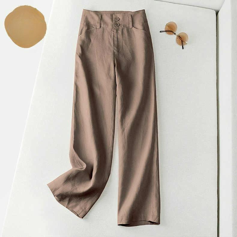 

Falling Linen Straight-leg Pants Women s Summer Semi-elastic Slimming Casual Pants Cotton and Linen Wide-leg Trousers 2XL хакі
