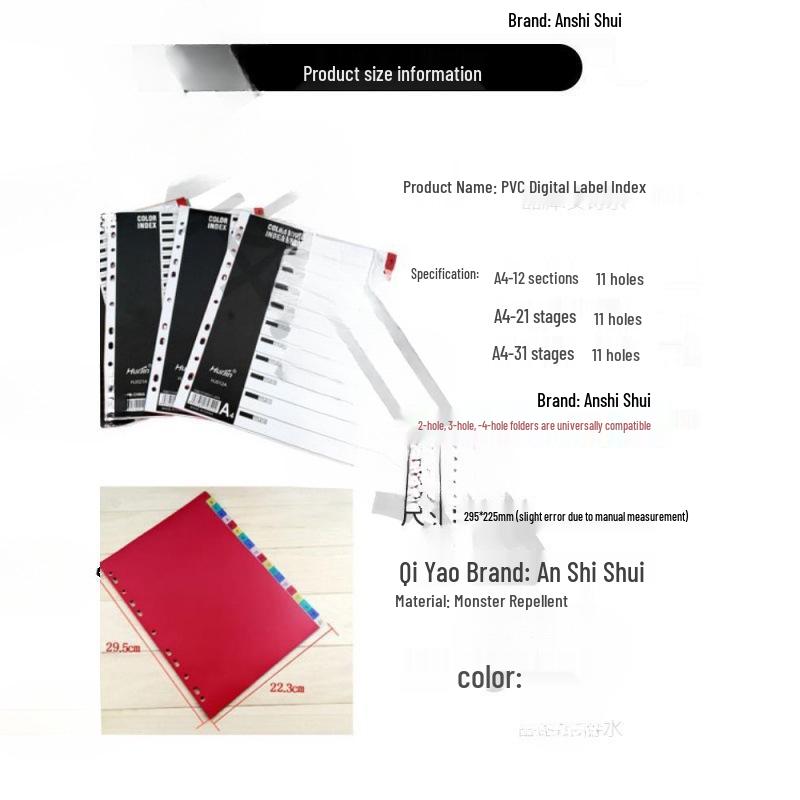 Colored A4 Loose-leaf Index Dividers with 11 Holes - Numbered and Lettered Tabs