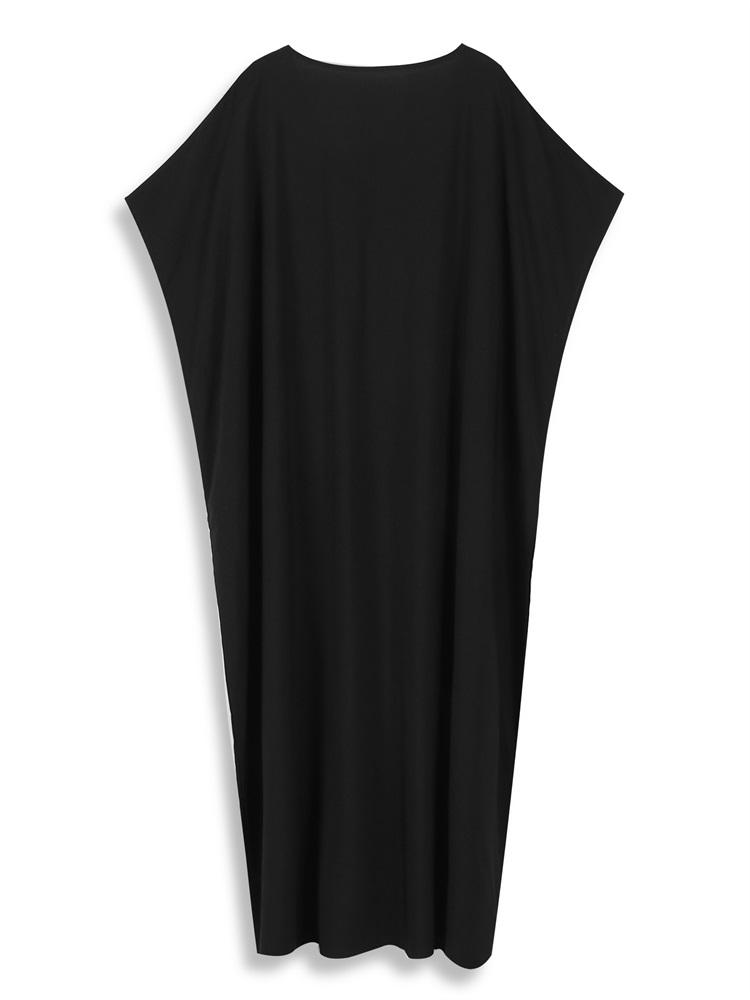 EDOLYNSA Schickes, lockeres Robenkleid im ethnischen Stil mit Stickereien 2024 für Damen, schwarzer V-Ausschnitt, Fledermausärmel, Kaftan, Urlaub, Strand, Bademode, Cover Up Q1688