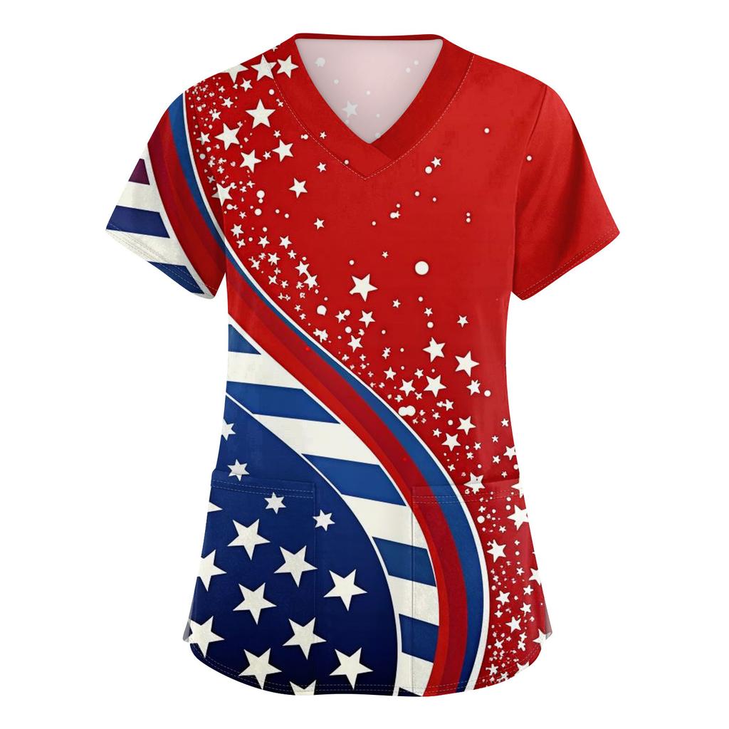 Women's V-neck Independence Day Print Short-sleeved Pocket Side-opening Protective Work Shirt