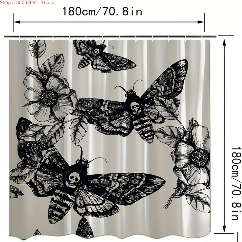 skull bathroom shower curtain decor death moth flowers bath    -   With Hooks Waterproof Mildew Proof Easy Install Washable