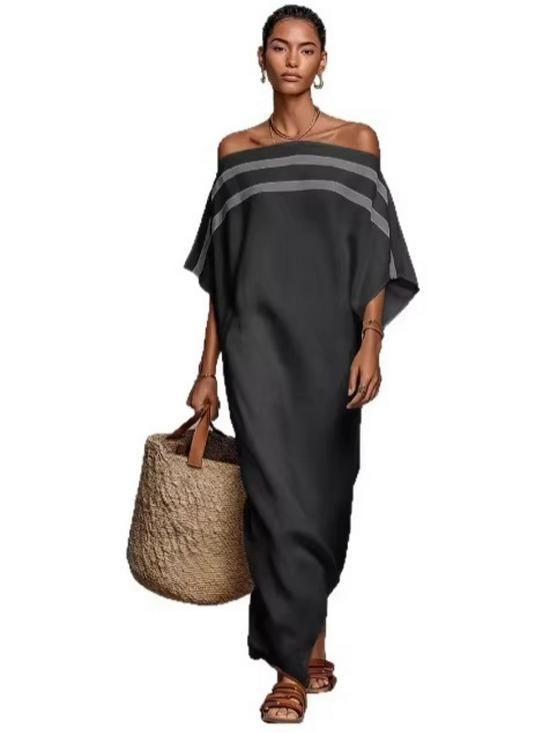 Vestido largo casual de hombros descubiertos con bloques de color 2026 para vacaciones