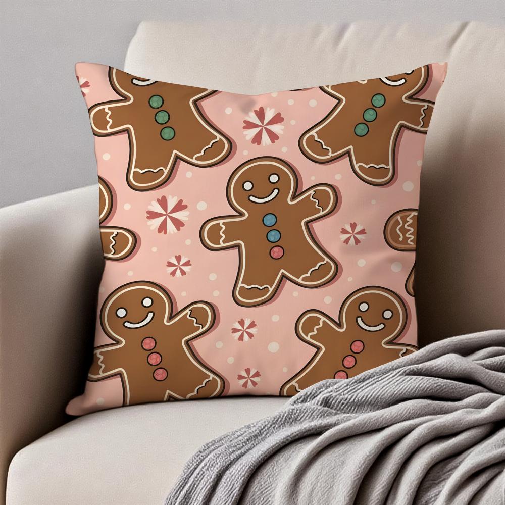 Christmas Gingerbread Man Fun Holiday Cushion Cover Pillowcase Antidustmite Invisible Zipper Short Plush Sofa Cushion
