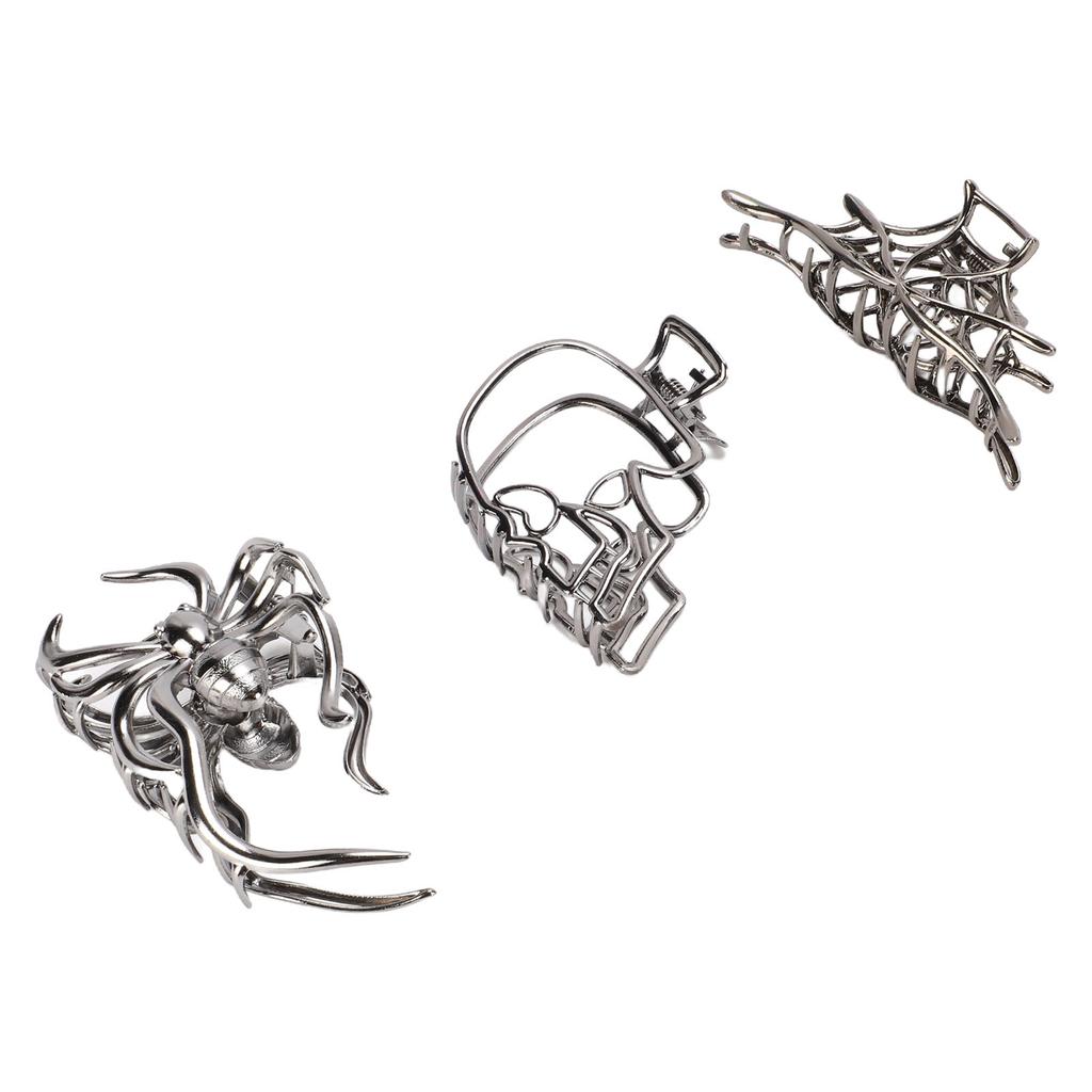Gotische Silber Schwarz Spinnennetz Skelett Totenkopf Haarspangen für Damen und Mädchen Dickes Dünnes Haar 3er Pack