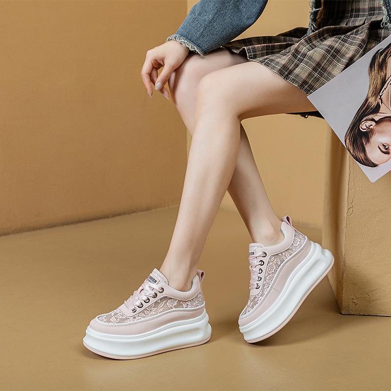 Fashion 7.5cm Summer New Women's Shoes Breathable Mesh Sole Versatile Petite Casual Increased Inner Heel Sponge Cake Thick Bottom Shoes