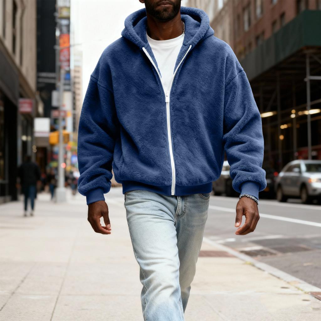 Herr Fuzzy Zip Hoodie Sweatshirt Plyschjacka med dragkedja med huva för