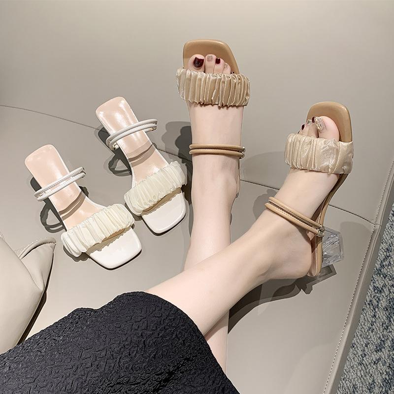 Fairy style thick heel sandals 2025 fashion women's summer women's crystal slippers new pearl high heel slippers outer wear