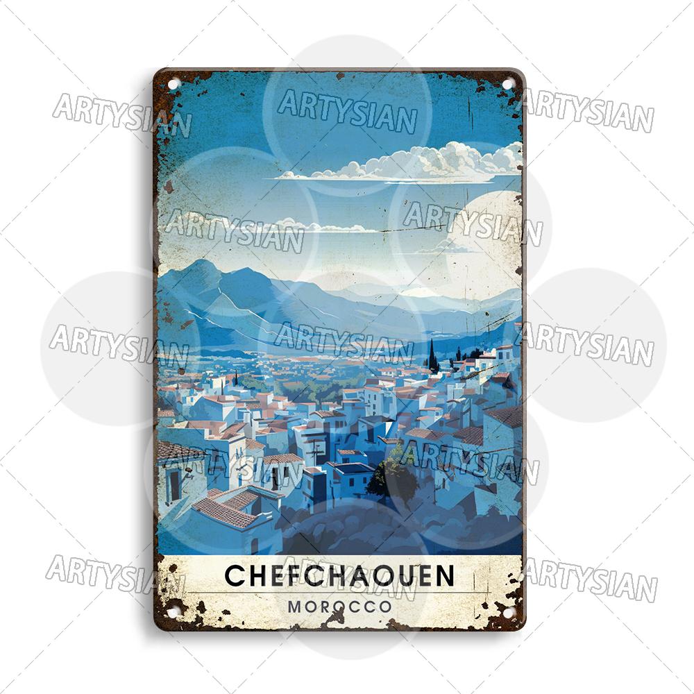 Maghreb Travel Cityscape Metal Sign Alger Algeria Djerba Tunisia Chefchaouen Morocco Marrakesh Zarzis Oran Tiaret Kabylie